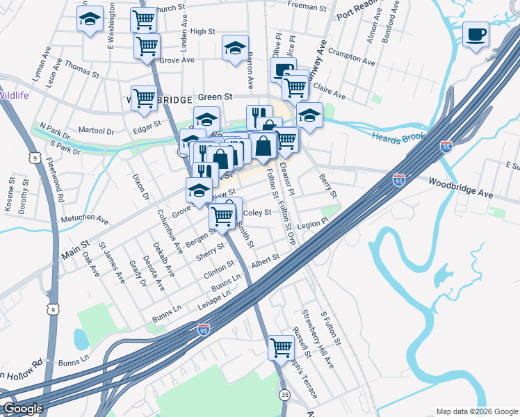 map of restaurants, bars, coffee shops, grocery stores, and more near 74B Coley Street in Woodbridge Township