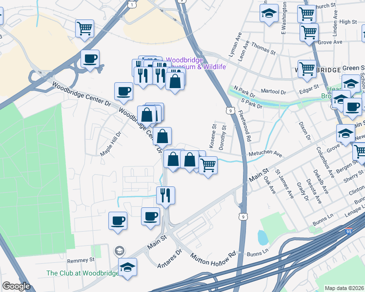 map of restaurants, bars, coffee shops, grocery stores, and more near 306 Sharon Garden Court in Woodbridge Township