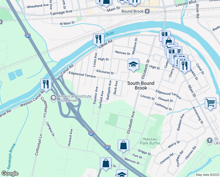 map of restaurants, bars, coffee shops, grocery stores, and more near 214 Beck Avenue in South Bound Brook