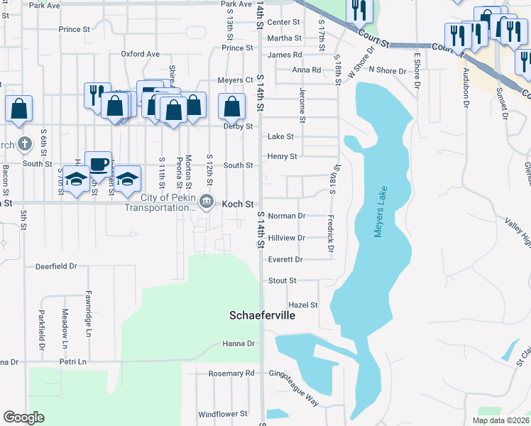 map of restaurants, bars, coffee shops, grocery stores, and more near 1504 South 14th Street in Pekin