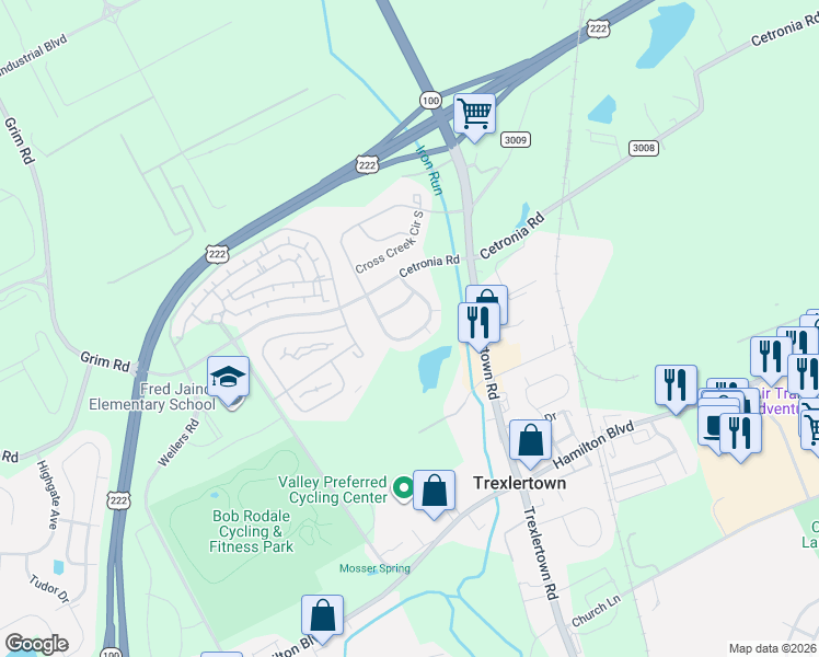 map of restaurants, bars, coffee shops, grocery stores, and more near 1105 Sparrow Way in Breinigsville