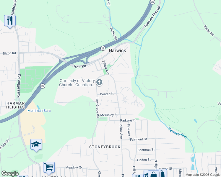 map of restaurants, bars, coffee shops, grocery stores, and more near 313 North Hamilton Street in Harwick