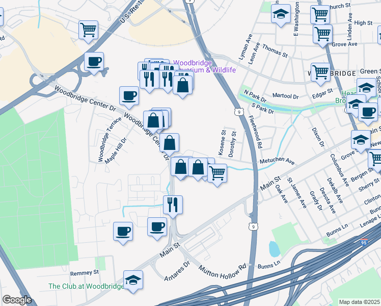 map of restaurants, bars, coffee shops, grocery stores, and more near 306 Sharon Garden Court in Woodbridge Township