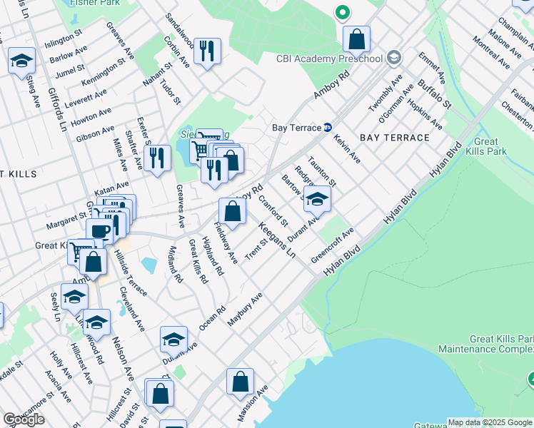 map of restaurants, bars, coffee shops, grocery stores, and more near 409 O'Gorman Avenue in Staten Island