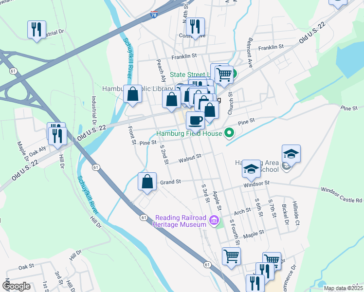 map of restaurants, bars, coffee shops, grocery stores, and more near 238 Pine Street in Hamburg