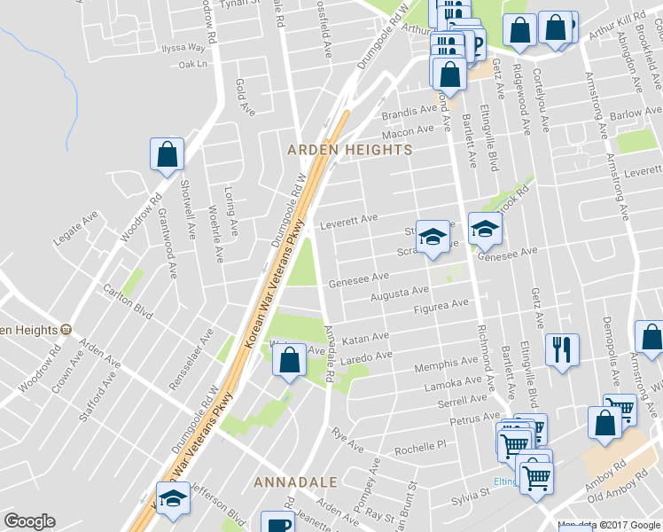 map of restaurants, bars, coffee shops, grocery stores, and more near 122 Lovelace Avenue in Staten Island