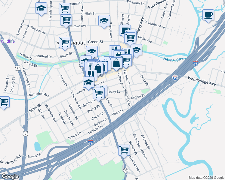 map of restaurants, bars, coffee shops, grocery stores, and more near 74B Coley Street in Woodbridge Township