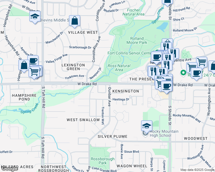 map of restaurants, bars, coffee shops, grocery stores, and more near 2601 Dunbar Avenue in Fort Collins