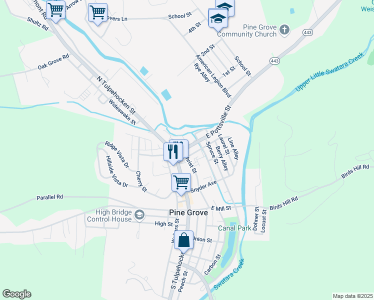 map of restaurants, bars, coffee shops, grocery stores, and more near 12 East Pottsville Street in Pine Grove