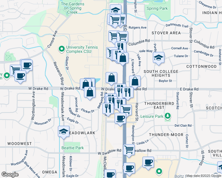map of restaurants, bars, coffee shops, grocery stores, and more near 157 West Drake Road in Fort Collins