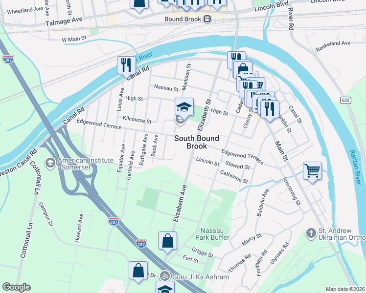 map of restaurants, bars, coffee shops, grocery stores, and more near 210 Elizabeth Street in South Bound Brook