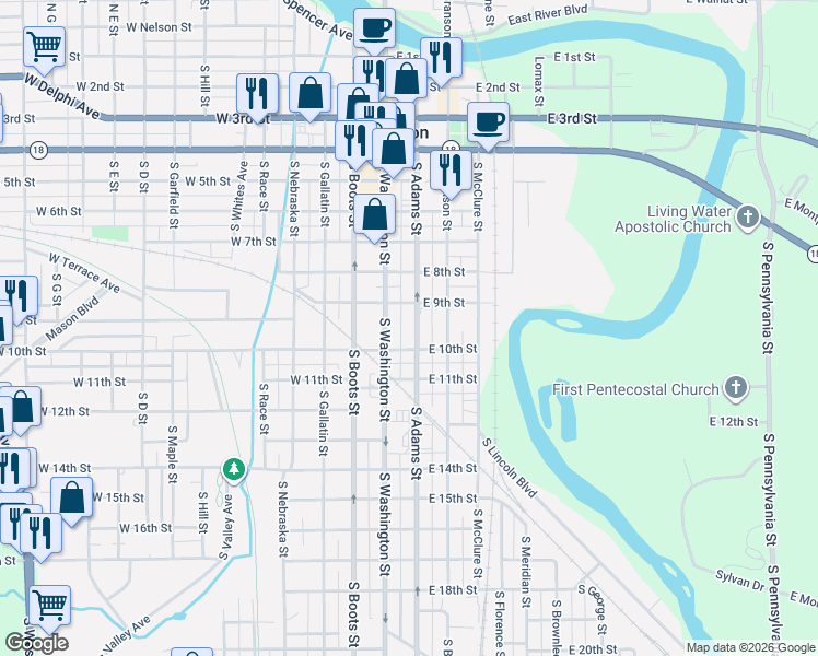 map of restaurants, bars, coffee shops, grocery stores, and more near 926 South Adams Street in Marion