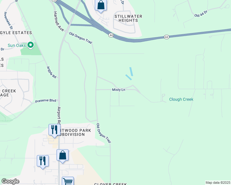 map of restaurants, bars, coffee shops, grocery stores, and more near 20517 Misty Lane in Redding