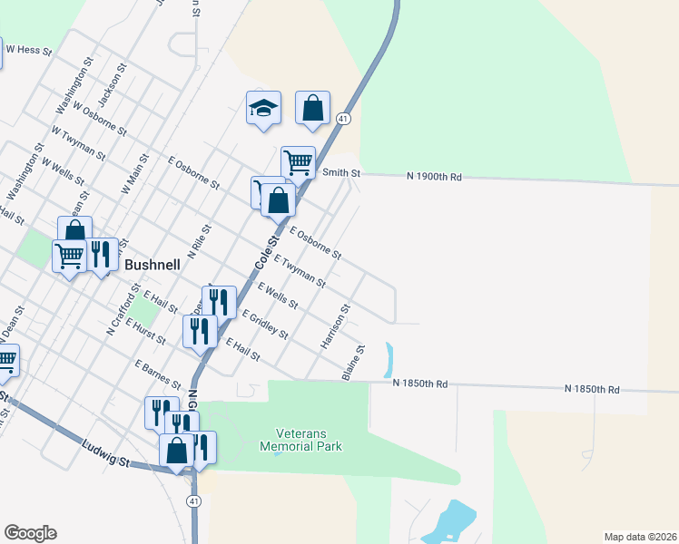 map of restaurants, bars, coffee shops, grocery stores, and more near 801-899 Cleveland Street in Bushnell
