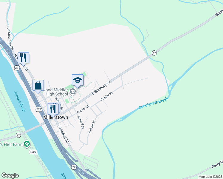 map of restaurants, bars, coffee shops, grocery stores, and more near 707 Poplar Street in Millerstown