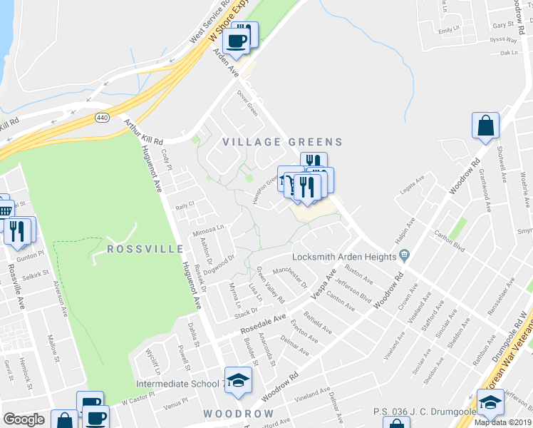 map of restaurants, bars, coffee shops, grocery stores, and more near 159 Hampton Green in Staten Island