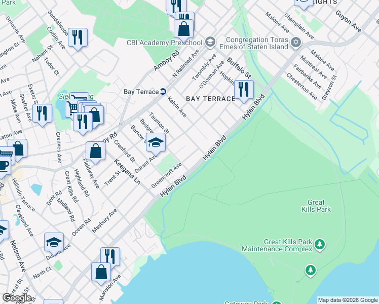 map of restaurants, bars, coffee shops, grocery stores, and more near 19 Greencroft Avenue in Staten Island