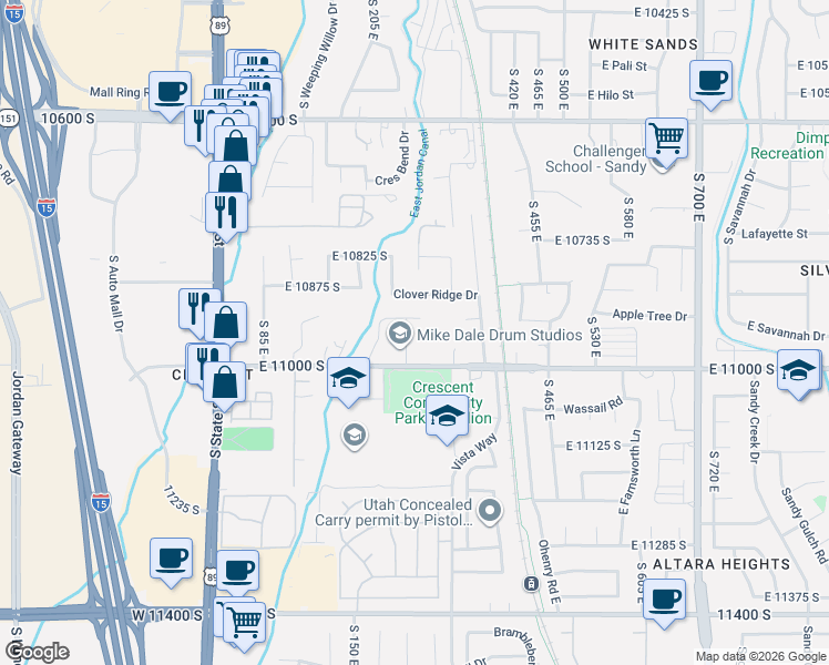 map of restaurants, bars, coffee shops, grocery stores, and more near 10957 South Hyrum Place in Sandy