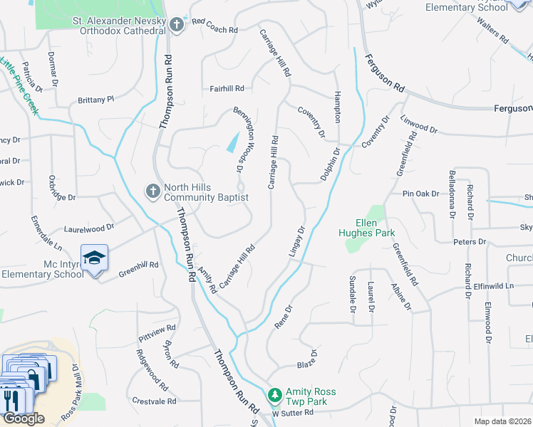 map of restaurants, bars, coffee shops, grocery stores, and more near 139 Carriage Hill Road in Glenshaw