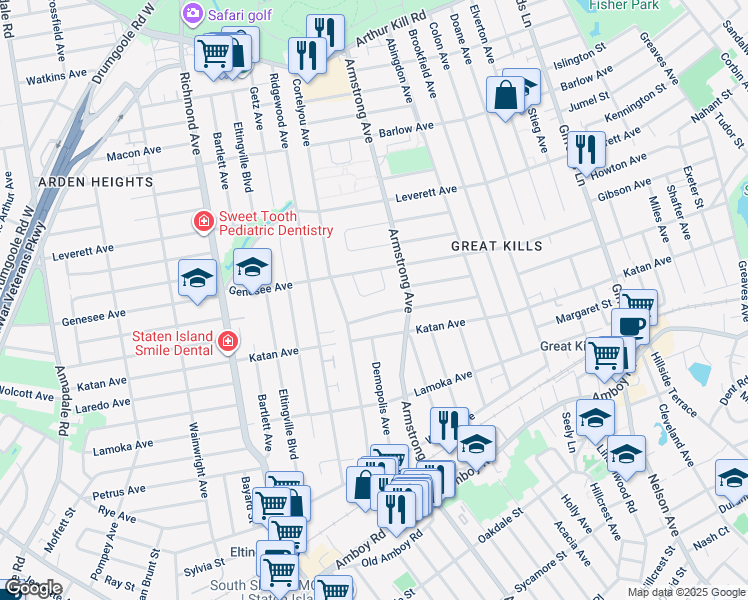map of restaurants, bars, coffee shops, grocery stores, and more near 47 Stanley Circle in Staten Island