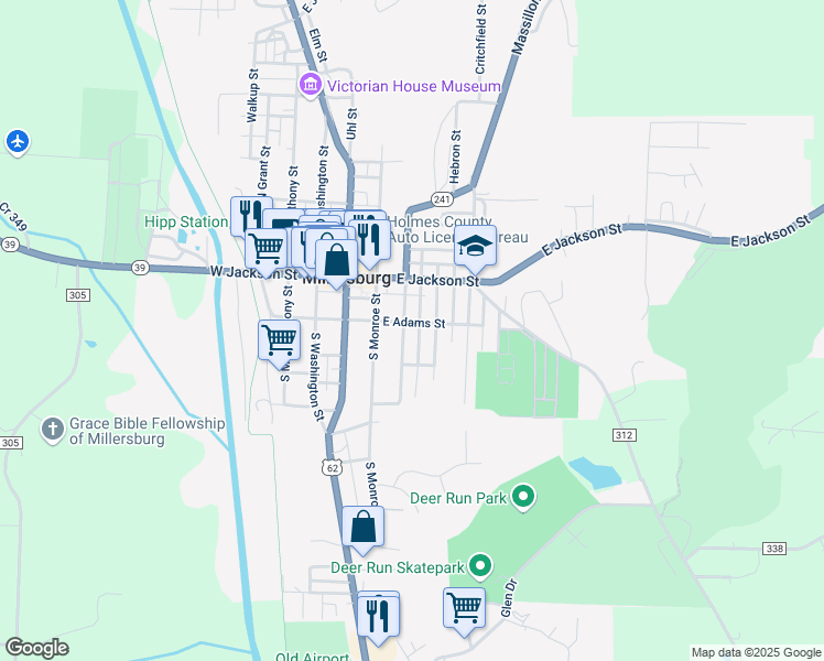 map of restaurants, bars, coffee shops, grocery stores, and more near 121 South Crawford Street in Millersburg