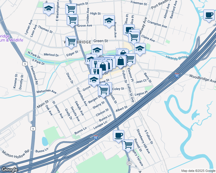 map of restaurants, bars, coffee shops, grocery stores, and more near 326 Smith Street in Woodbridge Township