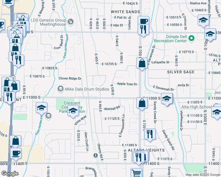 map of restaurants, bars, coffee shops, grocery stores, and more near 10946 South 530 East in Sandy