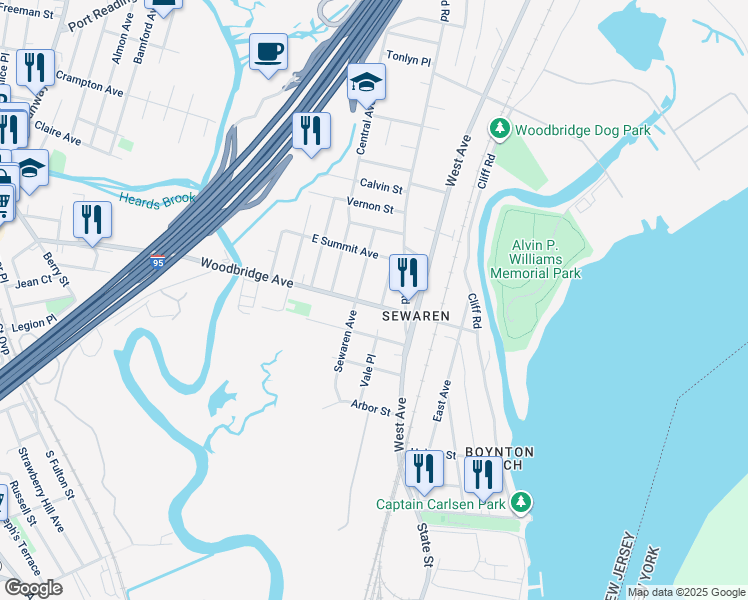 map of restaurants, bars, coffee shops, grocery stores, and more near 79 Woodbridge Avenue in Woodbridge Township
