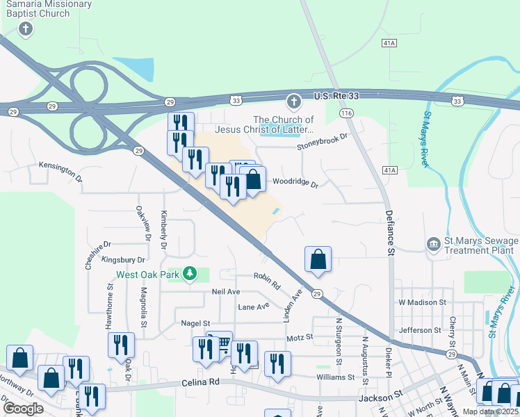 map of restaurants, bars, coffee shops, grocery stores, and more near 1170 Indiana Avenue in Saint Marys