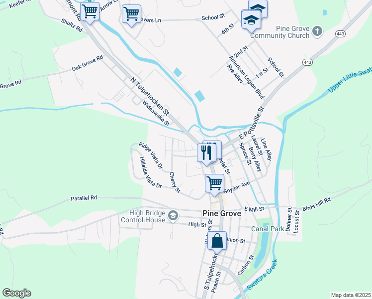 map of restaurants, bars, coffee shops, grocery stores, and more near 6 Fairview Street in Pine Grove