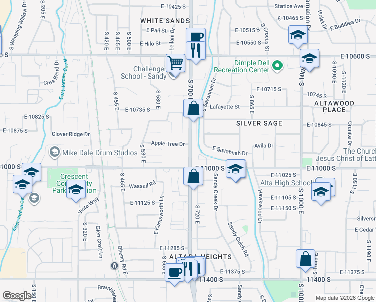 map of restaurants, bars, coffee shops, grocery stores, and more near 678 Apple Tree Drive in Sandy