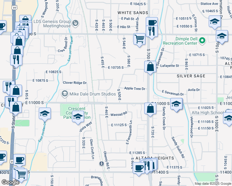 map of restaurants, bars, coffee shops, grocery stores, and more near 10999 South 530 East in Sandy
