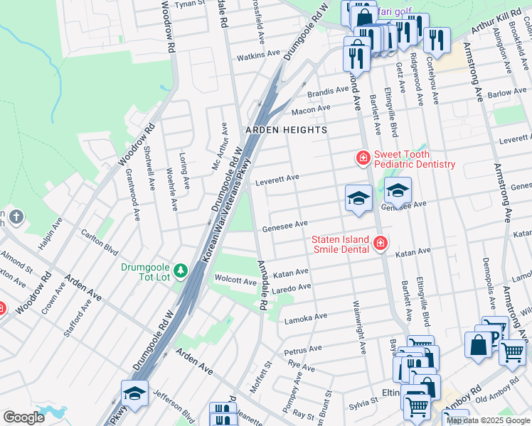 map of restaurants, bars, coffee shops, grocery stores, and more near 122 Lovelace Avenue in Staten Island