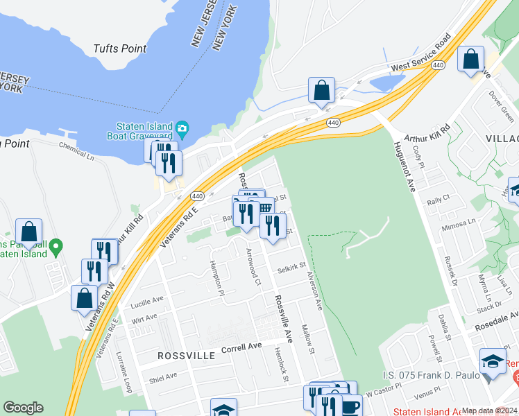 map of restaurants, bars, coffee shops, grocery stores, and more near 7 Barry Street in Staten Island
