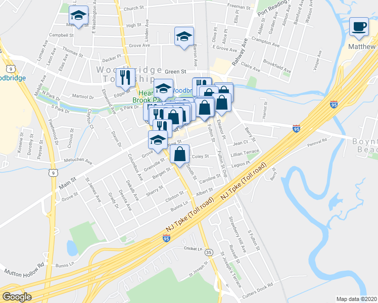 map of restaurants, bars, coffee shops, grocery stores, and more near 326 Smith Street in Woodbridge Township