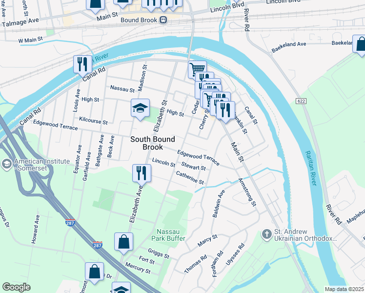 map of restaurants, bars, coffee shops, grocery stores, and more near 142 Cedar Street in South Bound Brook