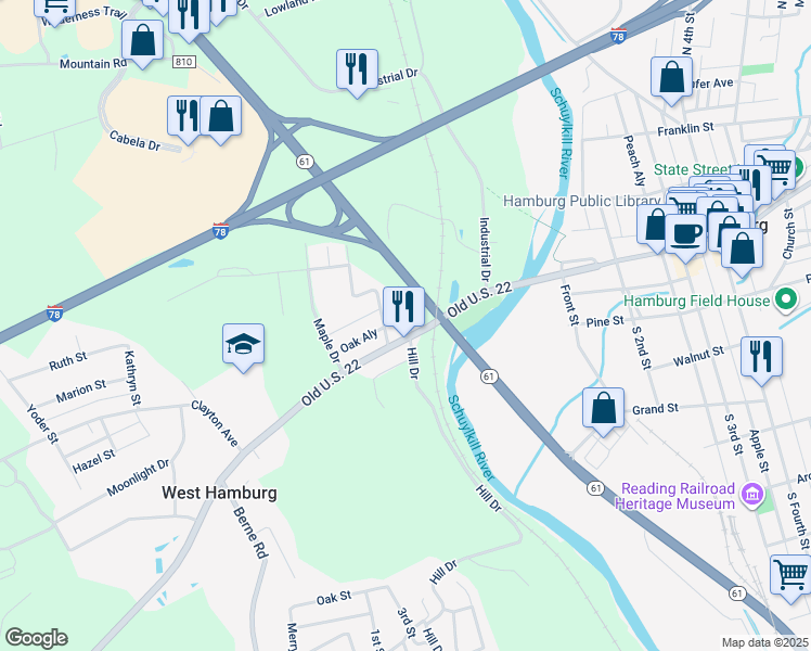 map of restaurants, bars, coffee shops, grocery stores, and more near 250 West State Street in Hamburg