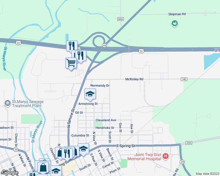map of restaurants, bars, coffee shops, grocery stores, and more near 517 Normandy Drive in Saint Marys