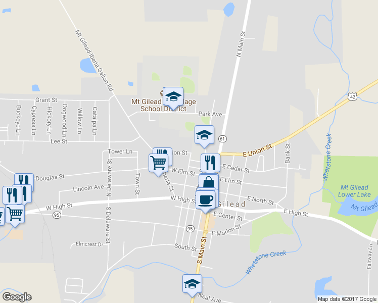 map of restaurants, bars, coffee shops, grocery stores, and more near 192 West Union Street in Mount Gilead