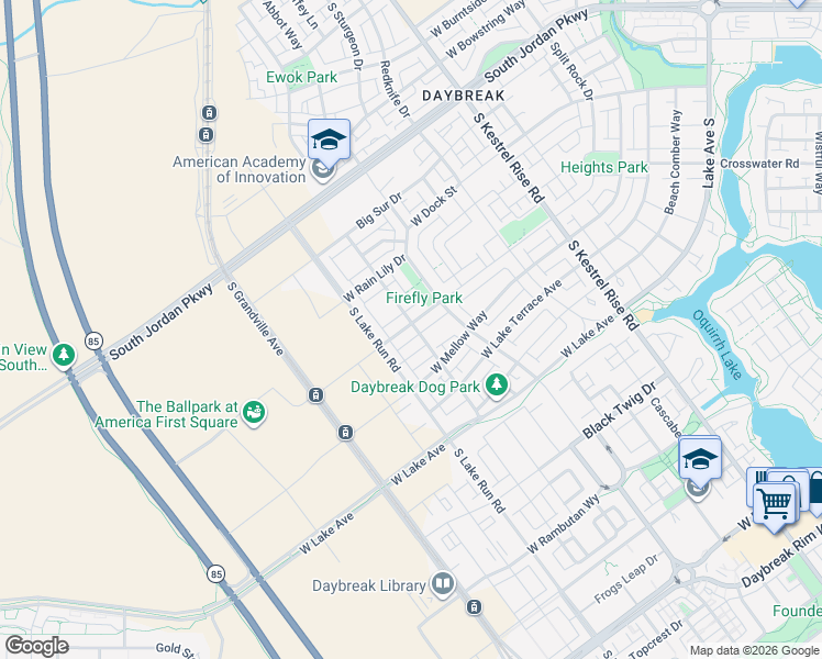 map of restaurants, bars, coffee shops, grocery stores, and more near 5281 West Split Rock Drive in South Jordan