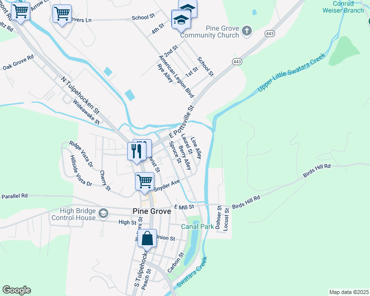 map of restaurants, bars, coffee shops, grocery stores, and more near 21 Laurel Street in Pine Grove