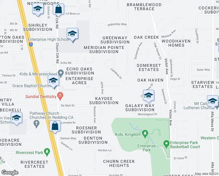 map of restaurants, bars, coffee shops, grocery stores, and more near 1469 Harpole Road in Redding