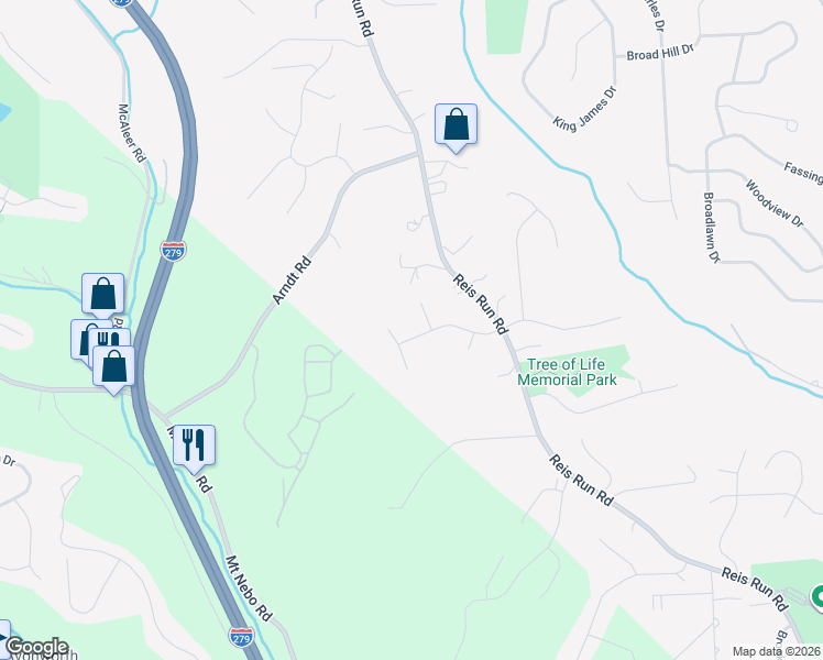 map of restaurants, bars, coffee shops, grocery stores, and more near 1614 Briarwood Drive in Pittsburgh
