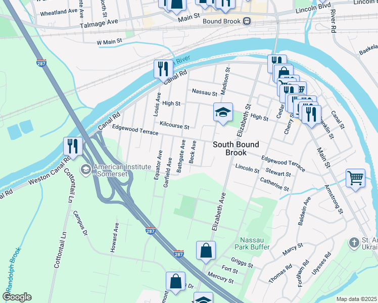 map of restaurants, bars, coffee shops, grocery stores, and more near 214 Beck Avenue in South Bound Brook
