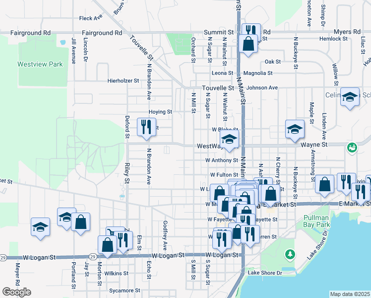 map of restaurants, bars, coffee shops, grocery stores, and more near 416 Wayne Street in Celina