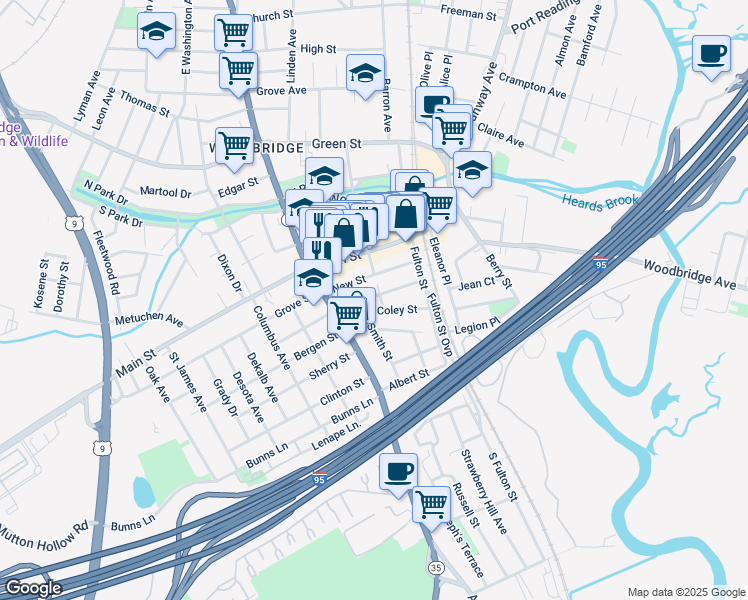 map of restaurants, bars, coffee shops, grocery stores, and more near 91 2nd Street in Woodbridge Township
