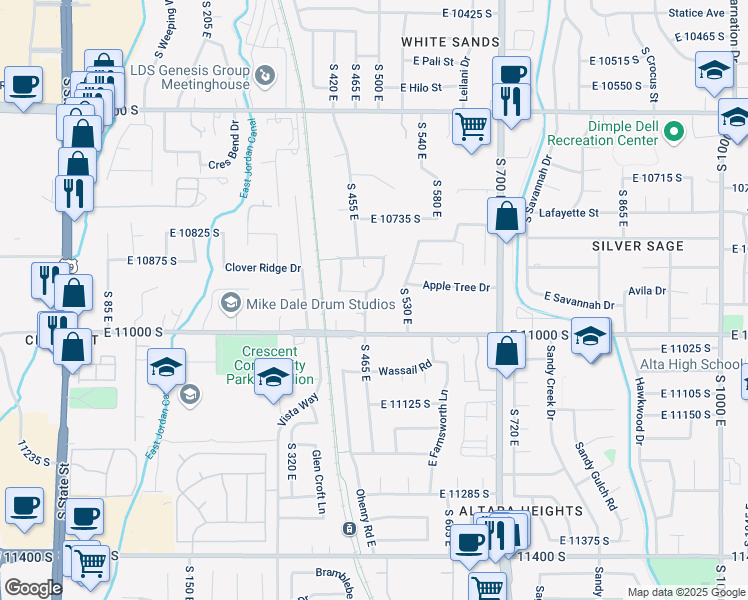 map of restaurants, bars, coffee shops, grocery stores, and more near 10946 Sady Lane in Sandy