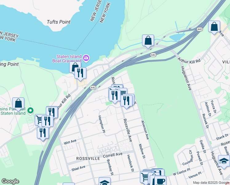 map of restaurants, bars, coffee shops, grocery stores, and more near 7 Barry Street in Staten Island