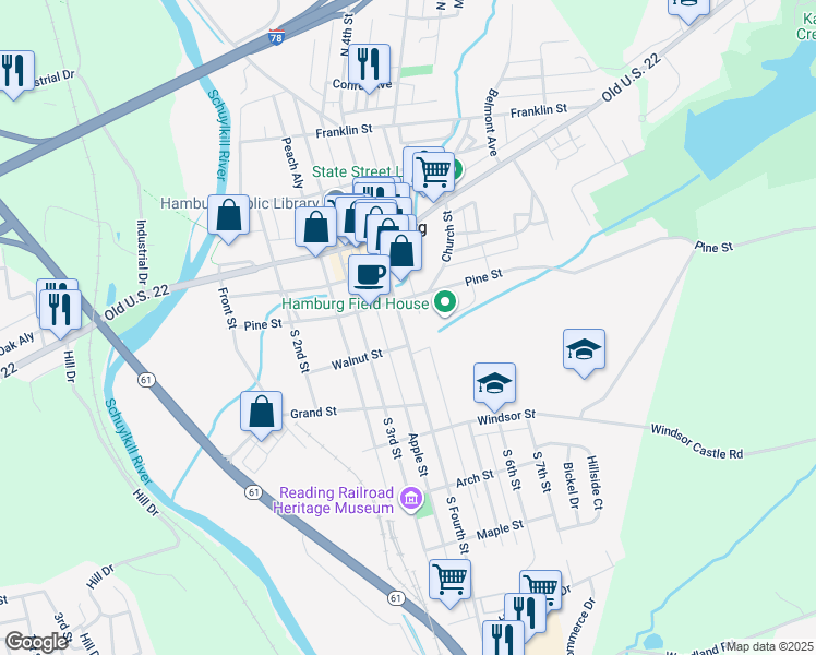 map of restaurants, bars, coffee shops, grocery stores, and more near 131 South Fourth Street in Shoemakersville