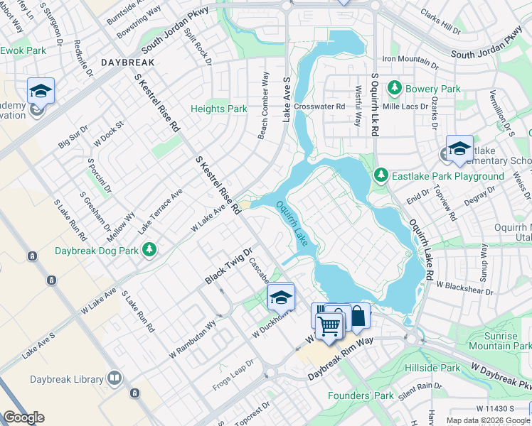 map of restaurants, bars, coffee shops, grocery stores, and more near 10943 South Kestrel Rise Road in South Jordan